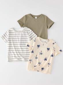 3 件套儿童男童休闲日常度假百搭舒适纯色、条纹和椰子树印花圆领宽松短袖针织 T 恤 3 种款式，适合学校、花园、海滩、生日、春季、夏季、秋季、冬季 - 彩色 - 查看 2