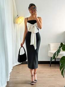 Chiquease Halloween Luxurious Black & Cream Extreme Contrast Bow Decor Mid-Length Dress