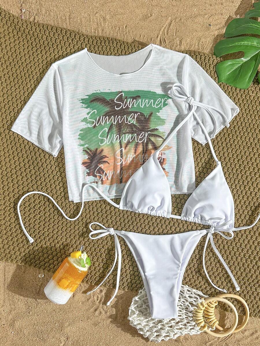 Swim Mod 3pcs Women's Tropical Print Bikini Set, Sexy Swimwear Beachwear For Vacation, Leisure, Sunbathing, Swimming Pool Party For Summer