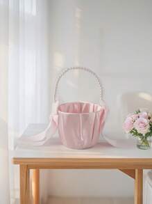 SHEIN 1pc Bow Pearl Wedding Flower Basket - White Bow Flower Basket, Satin Flower Basket, Suitable For Wedding Party Decoration, New Year Gift