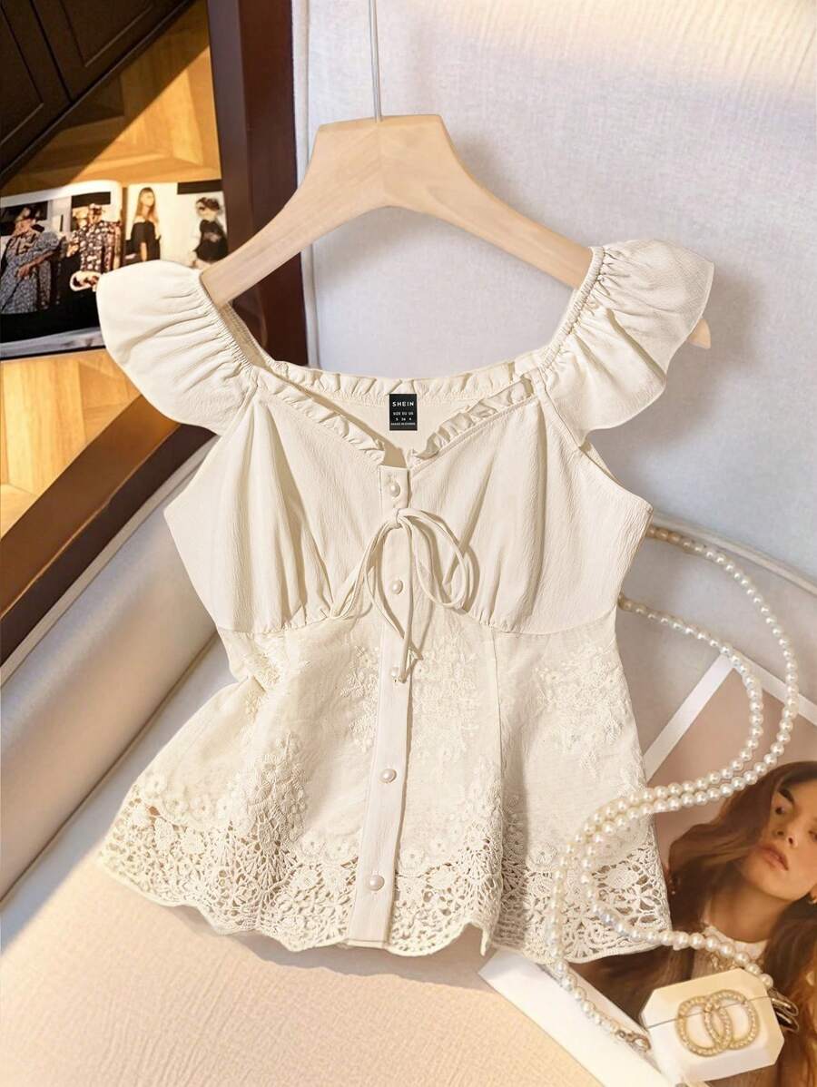 SHEIN Franclia Elegancka bluzka damska w jednolitym kolorze z falbaniastymi rękawami i dopasowaną koronką w stylu patchworkowym - Morela - Zobacz 1