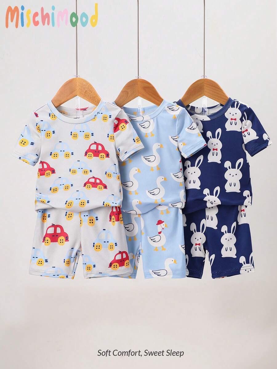 6pcs/Set Infant Boys Cartoon Duck, Rabbit, Car Pattern Short Sleeve Tee & Shorts Soft Comfortable Summer Sleepwear Set - Multicolor - View 1