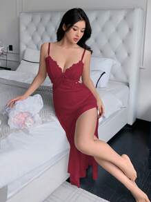 女士蕾丝吊带性感吊带睡衣 - 酒紅色 - 查看 5