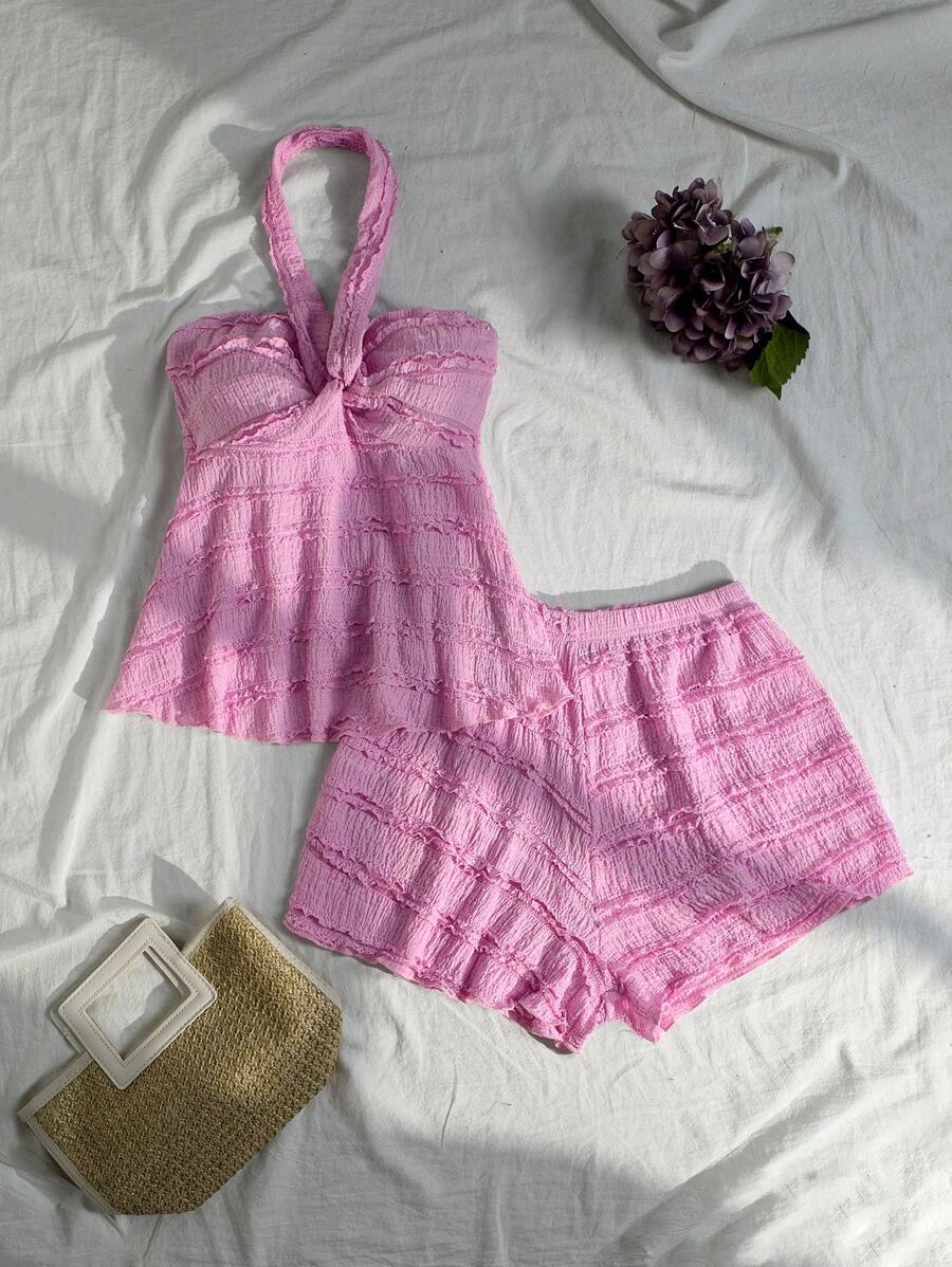 SHEIN Unity Women Vacation Casual Solid Color Halter Sleeveless Top And Shorts 2 Pieces Set - Pink - View 1