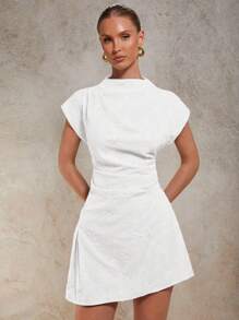 COSMINA 女士纯色优雅短袖迷你连衣裙 - 白色 - 查看 3