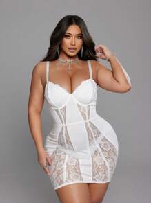 SHEIN LUNE Váy ren đơn giản màu trơn cỡ lớn cho nữ mặc hàng ngày cho trang phục dự tiệc ngày lễ - trắng - Xem 3