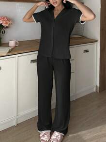 2pcs Women Casual Contrast Trim Top & Pants Loungewear Set Outfit - Multicolor - View 6