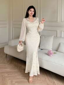 Modelyn Damen elegantes Jacquard-Ballonarm-Fischschwanz-Kleid