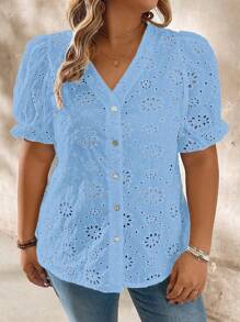SHEIN LUNE Women Plus Size V-Neck Embroidered Puff Sleeve Button Front Blouse - Blue - View 5