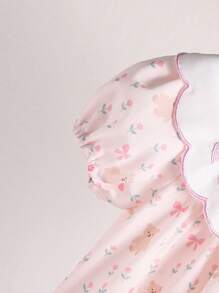 SHEIN Baby Girl Floral Bear Print Ruffled Collar Short Sleeve Bodysuit With Embroidered Bow,Comfortable & Breathable Pink,Summer,Cute,Family Matching - Pink - View 7