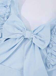 Girls Casual Solid Color V-Neck Ruffled Sleeve Back Hollow Design Removable Bow Decor Blouse, Suitable For Daily Wear - Baby Blue - View 8