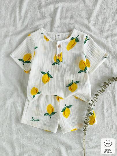 Vintaside Kids 2 st set med söta vattenmelonmönster, kortärmad t-shirt och shorts för babypojke, vardagligt