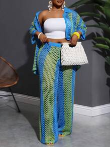 Slaydiva 大码2025新款时尚度假休闲镂空无领长袖开衫+阔腿裤蓝绿色针织两件套女毛衣套装 - 彩色 - 查看 8