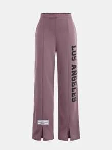 SHEIN 青少年女孩两件套：宽松字母印花装饰阔腿裤和上衣 - 淺灰紫 - 查看 5