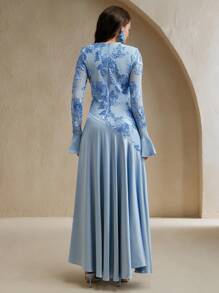 Anewsta 女士优雅花卉图案圆领修身 A 字连衣裙，度假装