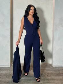 SHEIN SXY Set de 3 piezas: Blazer de manga larga azul profundo, chaleco y pantalones, conjunto sexy para ir al trabajo y citas, otoño/invierno