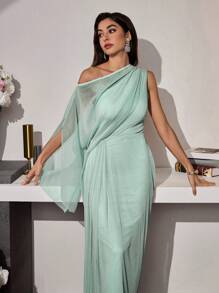 Modelyn Vestido elegante de mujer con unicolor, cuello asimétrico, manga con abertura y drapeado - verde menta - Ver 4