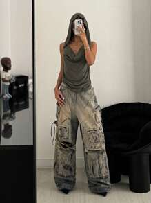 StreetHx Women's Gothic Draped Neck Sleeveless Top, Casual Vintage Solid Color Bodycon Tank Top, Spring/Summer