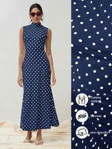 COSMINA 优雅女士春秋波尔卡圆点印花立领无袖鱼尾长款复古风格优雅连衣裙