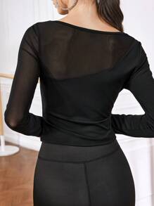 Menodora SHEIN Sport Women's Solid Color Mesh Panel Long Sleeve Sports T-Shirt Polewear - Black - View 2