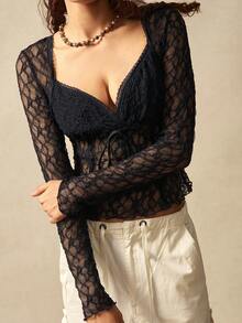 Bohemela Women's Black Knitted Fabric Semi-Sheer Sweetheart Neckline Long Sleeve Regular Length Casual Top - Black - View 1