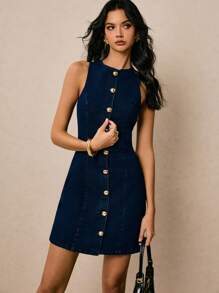 Poéselle 女式夏季单排扣圆领无袖休闲牛仔连衣裙