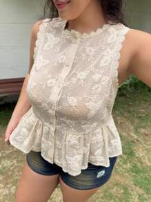 SHEIN EZwear 大码女式夏季休闲花卉刺绣无袖上衣 - 杏色 - 查看 5