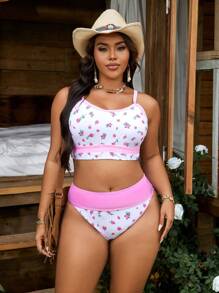SHEIN Swim Curve Plus Size Ditsy Floral Bikini Set, For Beach Resort For Summer Beach Vacation