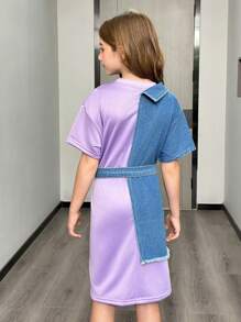 Tracing Cotton Splicing Casual Denim Dress - Purple - View 2