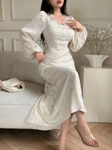 Modelyn Damen elegantes Jacquard-Ballonarm-Fischschwanz-Kleid