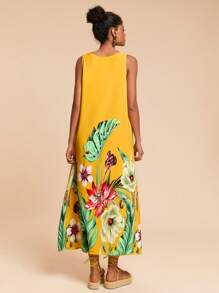 Travachic Tropical Print Slant Pocket Tank Dress - Yellow - View 2