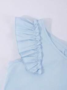 Girls Casual Solid Color V-Neck Ruffled Sleeve Back Hollow Design Removable Bow Decor Blouse, Suitable For Daily Wear - Baby Blue - View 4