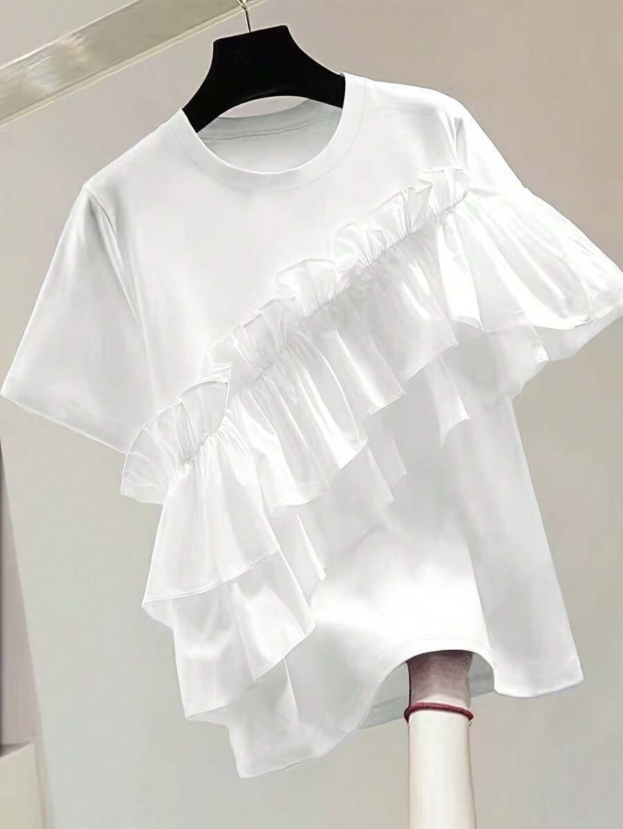 Women's Solid Color Round Neck Short Sleeve Ruffled Hem Fashion T-Shirt, Summer - White - View 1
