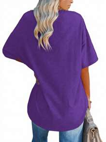 EMERY ROSE Plus Size Solid Half Sleeve T-Shirt, Casual V Neck T-Shirt For Summer, Women's Plus Size Clothing Graphic Tees Women Tops - Purple - View 2