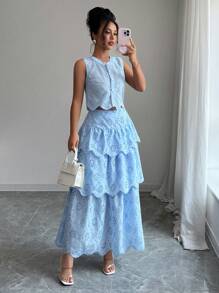 SHEIN Clasi Bộ 2 món thêu & đính chi tiết cho nữ, áo không tay & chân váy, mùa hè - Màu xanh nhạt - Xem 1