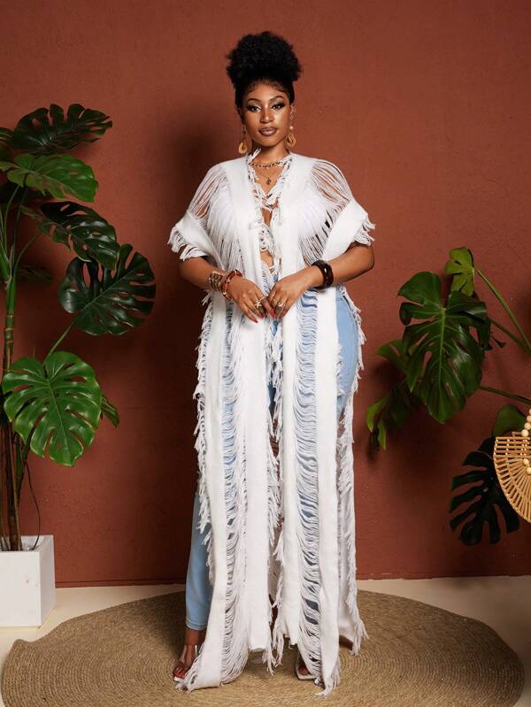 Maweii Plus-Size Women's Sweater Women's Fashion Vacation Tassel Hollow-Out Extra Long Cardigan White Elegant
