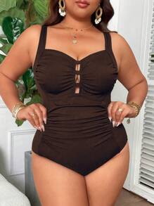 Swim Vcay Plus Size Women Square Neck Ruched Tummy Control Solid Color Ribbed Fabric One-Piece Swimsuit, Simple Everyday Wear For Summer Beach Vacation - Coffee Brown - View 3