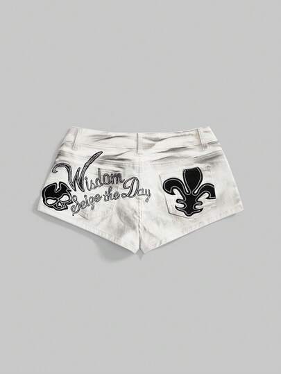 ROMWE Grunge Punk Women Letter & Skull Pattern Fashion Denim Shorts
