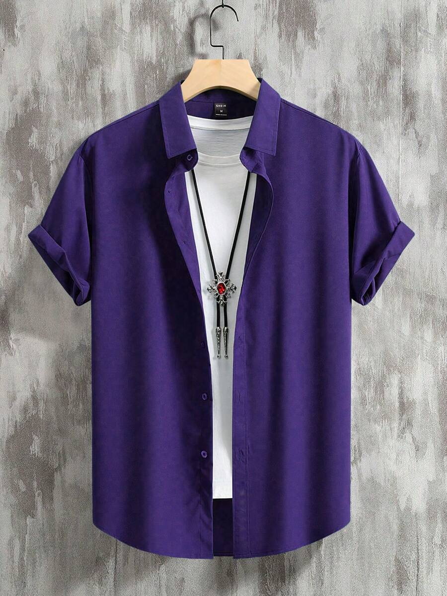 Manfinity Homme Men's Casual Solid Color Single-Breasted Short Sleeve Shirt For Commuting, Summer Style Shirts For Men Nice Shirts For Men Men Casual Shirts