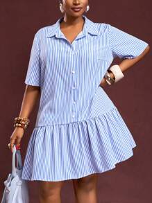 Slaydiva Plus Size Vertical Striped Short Sleeve Casual Loose Button Front Dress, Summer - Blue and White - View 6