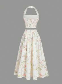 SHEIN MOD 女士碎花露背上衣和半裙套装，夏季服装