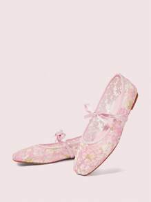 CUCCOO DOLLMOD Floral Embroidered Mesh & PU Bow Decor Elegant Flat Sandals For Christmas - Pink - View 7