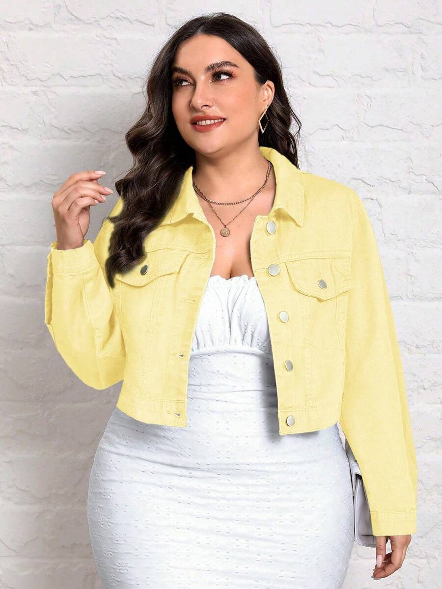 EMERY ROSE Plus Size Casual Solid Color Cut-Off Denim Jacket