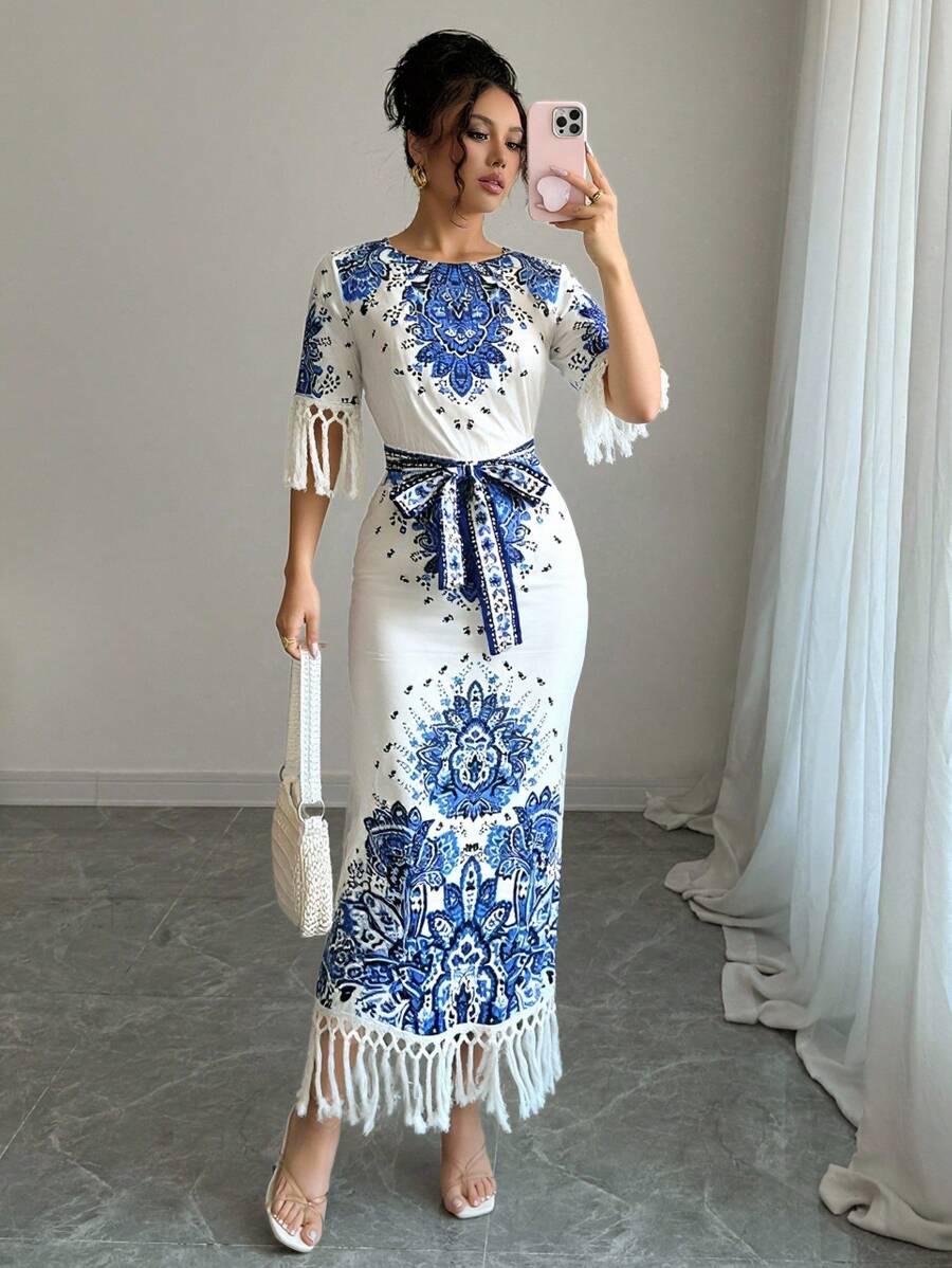 Chiquease Round Neck Side Slit Hem Floral Print Dress For Women - Blue - View 1