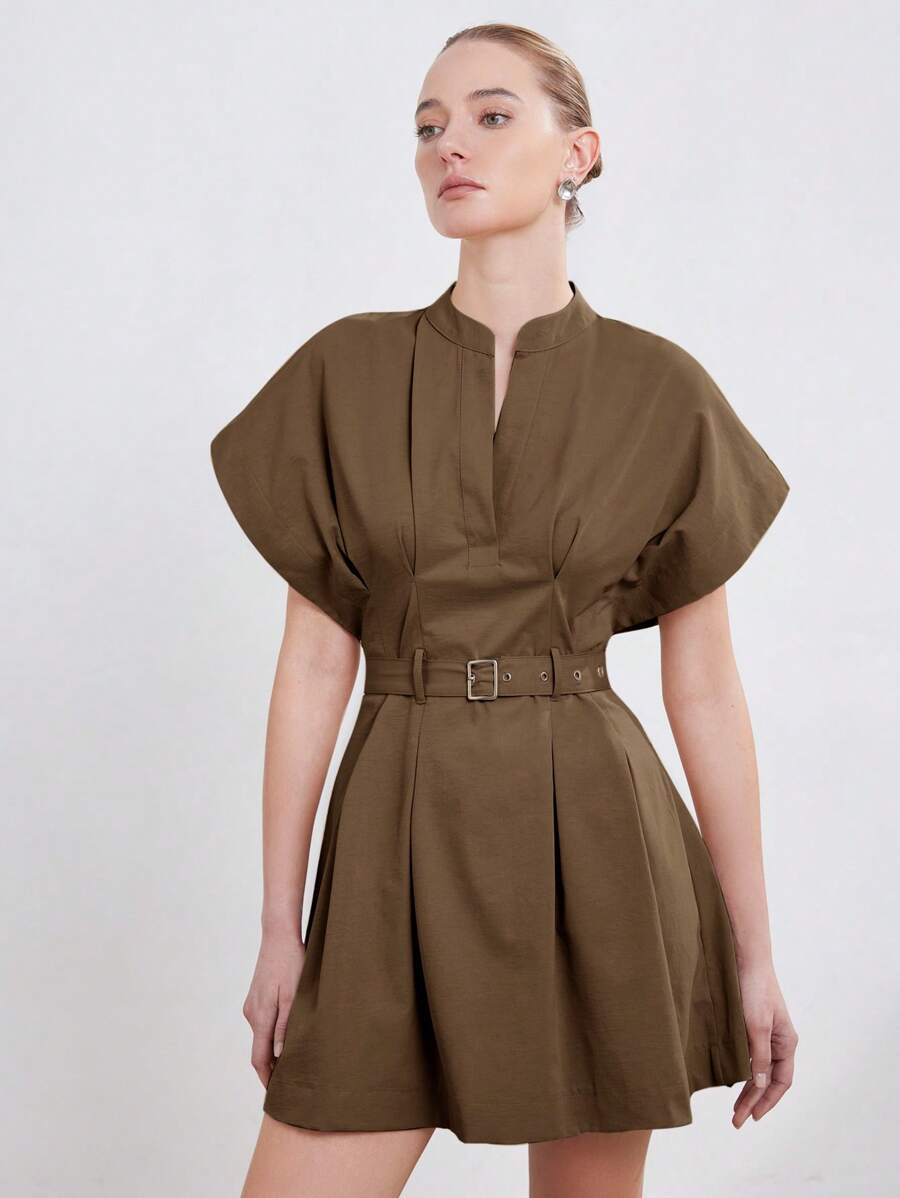 Aveloria Modichic New Women Fashion Minimalist Chic Office Commuter Style Stand Collar Loose Pleated Fit & Flare Dress With Cinched Waist - Coffee - View 1