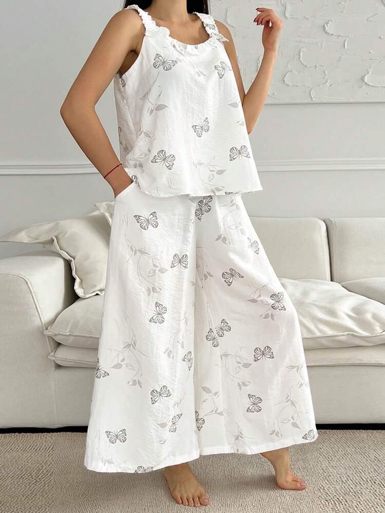 2pcs/Set Women Butterfly & Leaf Allover Print Sleeveless Loose Tank Top & Cropped Pants Pajamas Set,Back To School Clothes
