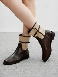 CUCCOO BIZCHIC Botas femininas estilo britânico, fecho de zíper lateral, adequadas para uso diário, confortáveis e versáteis, bico redondo, salto baixo e grosso
