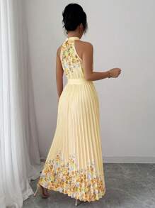 Elenzga Đầm hở lưng họa tiết hoa thanh lịch mùa hè cho nữ - Màu vàng - Xem 2