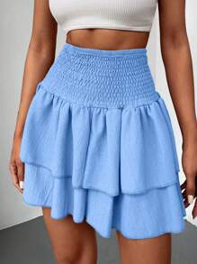 EURMUSE Women's Holiday Solid Color Ruffle Hem Fashionable Short Skirt - Blue - View 4