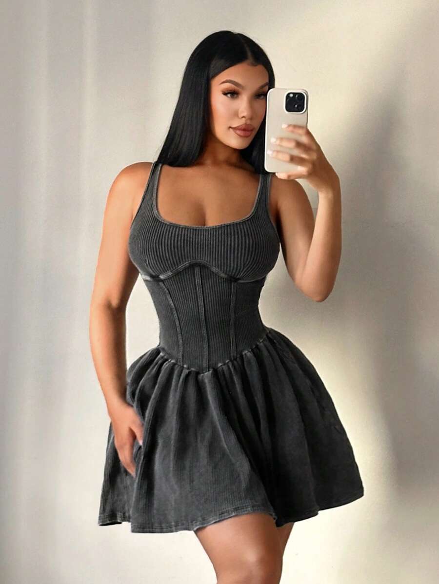 SHEIN SXY 女士夏季休闲水洗无袖收腰迷你连衣裙 - 灰色 - 查看 1